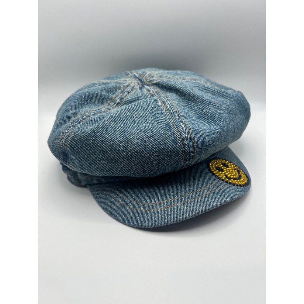 Vintage Y2K Nine West Denim Newsboy Cap Rhinestone Smiley Face Baker Boy Hat